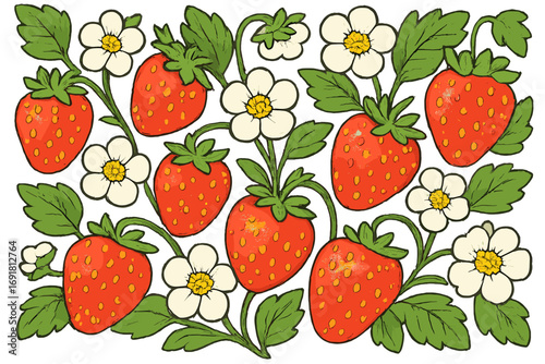 Vibrant strawberry fruit and flower seamless pattern. Botanical berry and white blossom background. Vintage floral ornament. Healthy summer food texture. Cartoon vector illustration.
