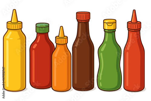 Condiment bottles vector cartoon illustration. Ketchup, mustard, soy, relish, chili sauce set. Food preparation, dining, fast food, BBQ concept. Isolated on white background.