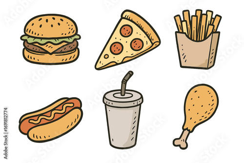 Hand drawn fast food icons set. Vector cartoon collection of burger, pizza, fries, hot dog, soda drink, and chicken leg. Doodle sketch illustration of junk food for menu design.