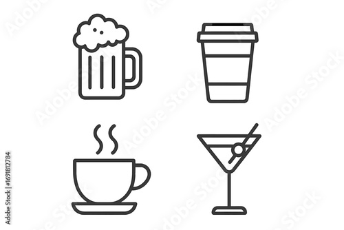 Drinks and beverages line icon set. Vector symbols for coffee, beer, tea, and cocktails. Modern minimal pictograms for web, app, menu, bar, cafe, and restaurant design.