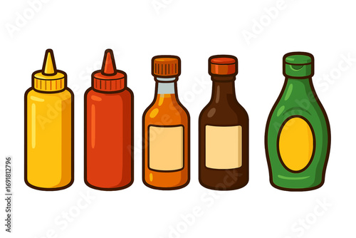 Condiment sauce bottle set. Ketchup, mustard, soy, bbq and relish. Vector cartoon illustration for fast food, restaurant menu or grocery. Flat colorful icon design concept.