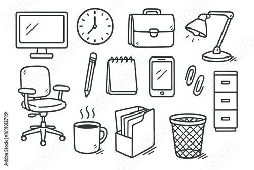 Hand drawn office elements icon set. Business doodles vector collection. Work from home concept with chair, computer, lamp, coffee. Cartoon sketch illustration isolated.