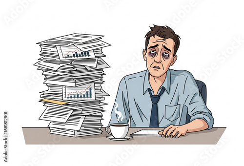 A vector illustration of an office worker exhausted and stressed, facing overwhelming tasks and a heavy workload