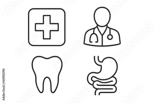 Medical and health care line icon set. Doctor, dentist, gastroenterology symbols. Clinic cross, tooth, stomach, internal organs minimalist linear pictogram collection vector.