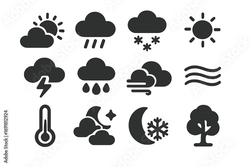 Weather and climate icons set, solid filled atmospheric and environmental symbols, vector cartoon illustration with transparent background, rain, sun, snow, lightning, temperature, wind, clouds