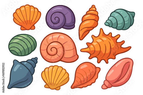 Seashells vector set. Colorful cartoon collection of ocean sea shells. Illustration of mollusk and clam shells for beach, summer, underwater themes. Isolated nature icons.