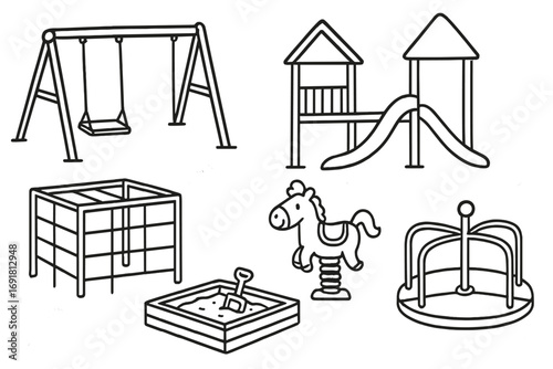 Hand drawn playground equipment collection. Kids park and outdoor activity elements. Vector line art cartoon illustration set with swing, slide, sandbox and jungle gym.