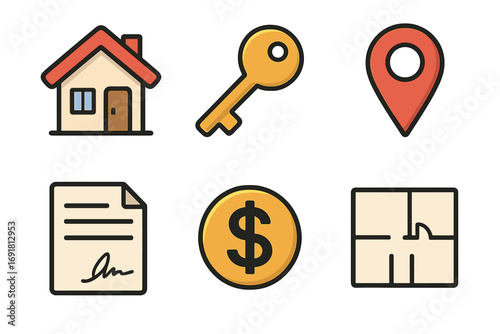 Real estate icons set house key location contract dollar floor plan design vector cartoon illustration transparent background organized collection