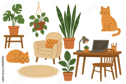 Cozy home interior vector illustration with green plants, adorable cats, comfortable armchair, wooden desk and chair, laptop workspace, hanging planter, and soft rug in warm earth tones