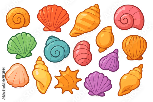 Colorful cartoon seashell collection. Vector set of various sea shells. Marine nature icons. Ocean, beach, summer symbols. Tropical underwater animal mollusk shells illustration.