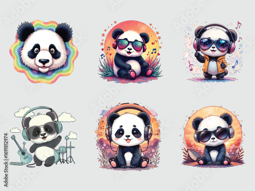 Cute cartoon pandas with sunglasses and headphones adorable kawaii animal collection