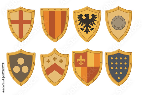 Collection of medieval knight shields. Vector heraldry set with coat of arms symbols. Flat cartoon illustration of historic armor, eagle, cross, fleur-de-lis for game assets.