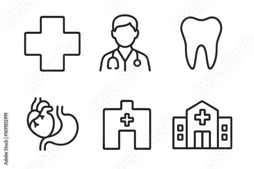 Medical and healthcare line icon set. Doctor, clinic, hospital, tooth. Cardiology and internal organs pictograms. Minimalist outline icons for web and app design. Editable stroke.
