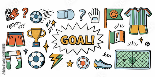 Collection of hand drawn soccer elements including a goal trophy jersey shorts socks ball gloves and flags