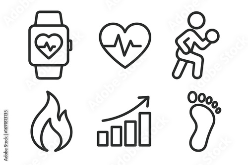 Linear fitness icon set with smartwatch, heartbeat, workout, fire, progress bar chart, and footprint, vector cartoon illustration, health and exercise symbols collection