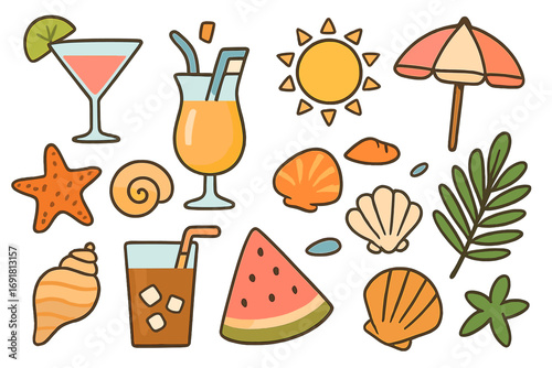 Vibrant vector flat illustration of summer elements including tropical drinks, seashells, starfish, sun, watermelon slice, beach umbrella, and palm leaves, perfect for beach and vacation themes