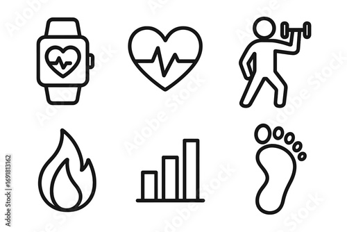 Linear fitness icons set including smartwatch with heartbeat, heart pulse, workout figure, flame, bar chart progress, and footprint design, vector cartoon illustration for health and exercise