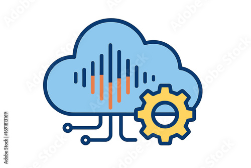 Cloud technology audio processing. Vector illustration of sound wave analysis, data storage, and digital network settings. Music production and voice recognition concept icon.