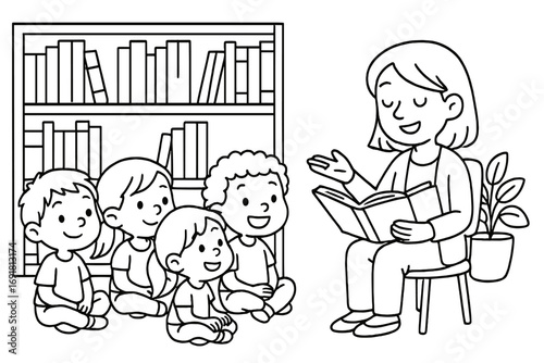 Storytime in library for kids. Woman reading book to children. Teacher with students in preschool. Education, learning, storytelling. Line art vector for coloring book.