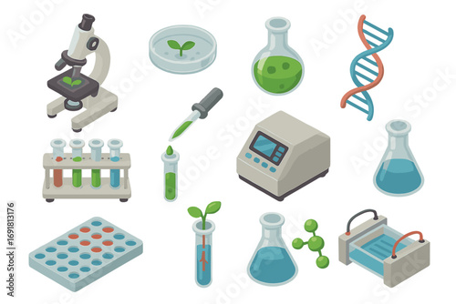 Isometric biotechnology lab equipment icon set. Vector cartoon illustration for science and research. Includes microscope, DNA, test tubes, and petri dish for genetic experiments.