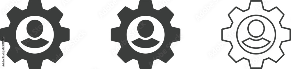 Three Gear Icons with User Profile Silhouette Inside wheel