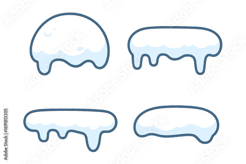 Vector cartoon snow caps and snowball icons set. Flat style winter snow pile illustrations with transparent background. Frozen snow drip design elements for cold season, frost effect.