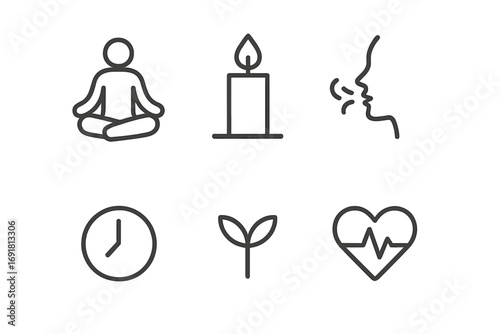 Minimalist wellness icons set featuring meditation pose, candle flame, deep breath, clock time, nature sprout, and heartbeat pulse. Vector health and relaxation symbols with transparent background.