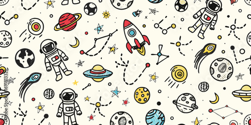 Whimsical hand drawn space pattern with astronauts rockets planets stars and ufos