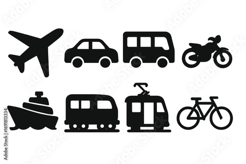 Silhouette icons of various transport modes including airplane, car, minibus, motorcycle, ship, train, tram, bicycle, modern vector cartoon set with transparent background for design