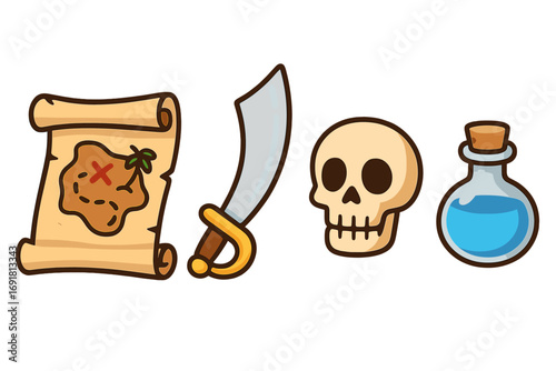 Pirate adventure icon set. Vector flat cartoon illustration of treasure map, sword, skull, and potion. Sea journey elements for game assets, stickers, or party design. Isolated objects.