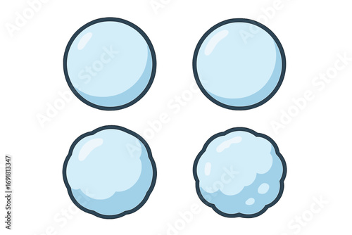 Snowball icon set, flat vector cartoon illustration of different snow balls, round and irregular shapes, winter snow, transparent background, cold weather, playful design