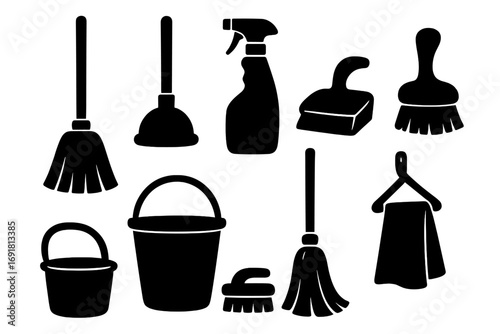 Silhouette collection of simple household cleaning tools for chores, vector cartoon illustration with transparent background, broom, mop, bucket, brush, spray bottle, cleaning set essentials