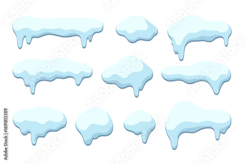 Set of cartoon snow caps with icicles, winter decorations, flat style vector illustrations, transparent background, frozen snow drifts and icy elements for seasonal design