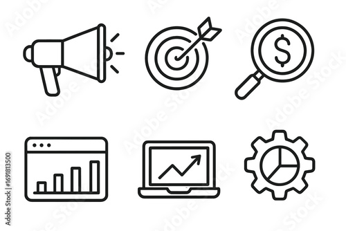 Simple line icons for digital marketing tools and analytics, vector cartoon illustration set with transparent background, business strategy, data analysis, SEO, growth, and finance symbols