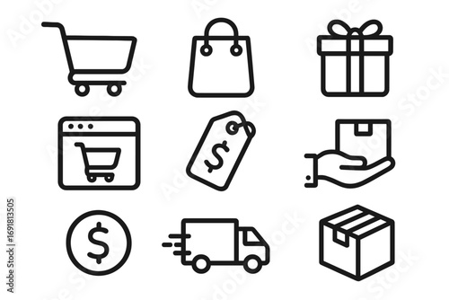 Simple line icons for shopping and delivery themes, ecommerce vector illustration set with transparent background, online shopping cart, price tag, gift box, package, and fast delivery symbols