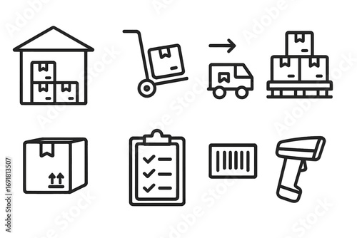 Warehouse and logistics icons set with linear style for shipping, storage, inventory management, delivery, barcode scanning, and package handling vector illustration