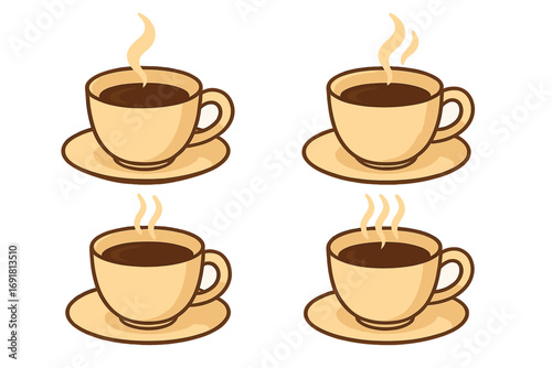 Warm cups of steaming coffee in a simple flat vector illustration, perfect for coffee lovers, cafes, menus, morning drinks, hot beverage, cozy and inviting design, transparent background