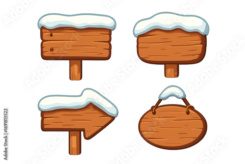 Winter snow-covered wooden signboards set, cartoon vector illustration, flat style wooden direction arrows and hanging boards with snow drift, transparent background