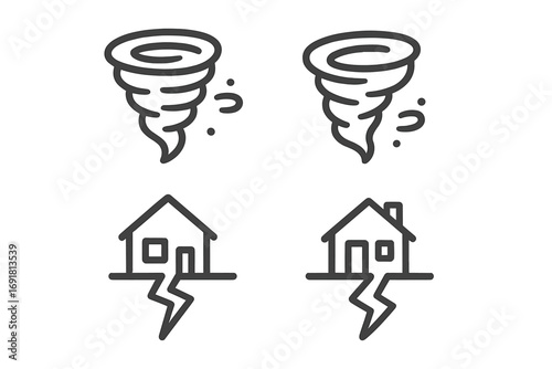 Natural disaster line icon set with tornado and earthquake symbols. Minimal vector illustration of weather catastrophe, storm, cyclone, and seismic activity for emergency.