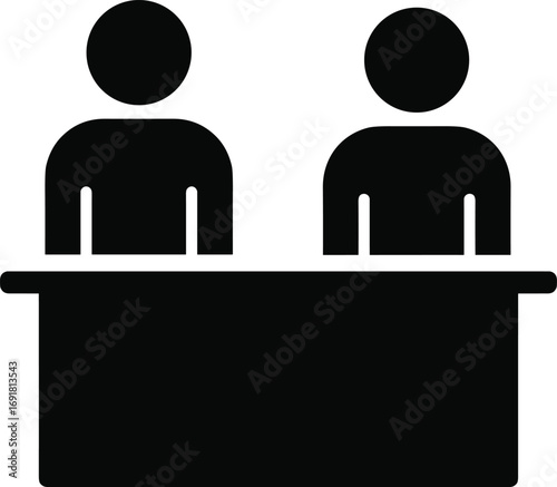 Two People Icons Sitting at a Desk or Counter Keywords: people, icons, desk, counter, sitting, figures, silhouette, teamwork