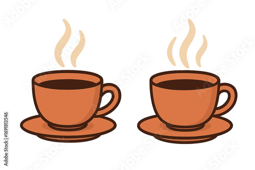 Warm steaming coffee cups illustration, simple flat cartoon vector, cozy hot beverage for coffee lovers and cafes, transparent background, ordered set of 2 hot drinks