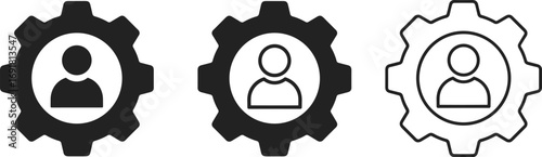 Three user icons inside gears on a white background Keywords: user icon, gear icon, cogwheel icon, settings icon, profile icon