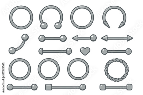 Vector illustration set of metallic body piercing jewelry. Flat cartoon icons of steel rings, barbells, studs for ear, nose, lip. Surgical steel hoops, circular barbells.