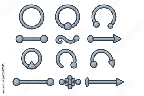 Body piercing jewelry vector set. Metallic rings, barbells, labret studs, horseshoes. Steel surgical accessories for ear, nose, lip, tragus. Flat cartoon illustration icons.