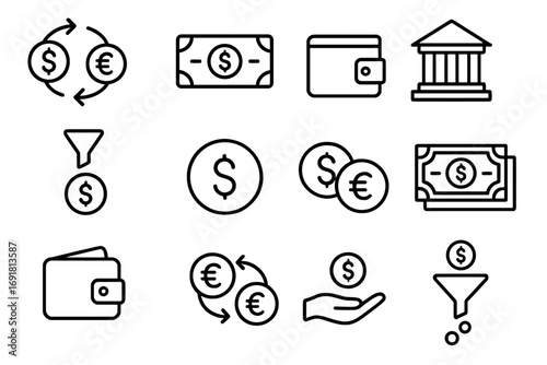 Finance & money line icon set. Vector symbols for banking, currency exchange, payment, investment & revenue. Includes wallet, bank, dollar, euro & sales funnel. Editable stroke.