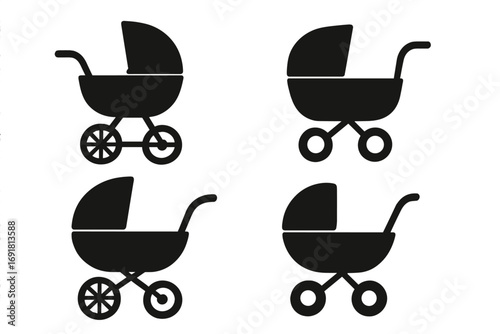Baby carriage silhouette set. Pram, stroller, pushchair vector icons. Newborn, infant, toddler concept. Motherhood, parenthood, family life. Simple flat baby shower graphic.