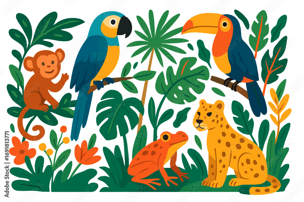 Jungle animals vector set with cute cartoon parrot, toucan, monkey, leopard, and frog. Tropical rainforest wildlife collection. Exotic nature, plants, and leaves illustration.