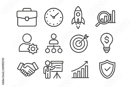 Collection of business line icons with editable stroke. Icons for startup, management, finance, and analysis. Symbols for growth, strategy, target, handshake, and presentation.