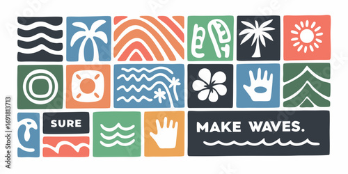 Colorful tropical mosaic of beach and ocean icons with motivational phrases