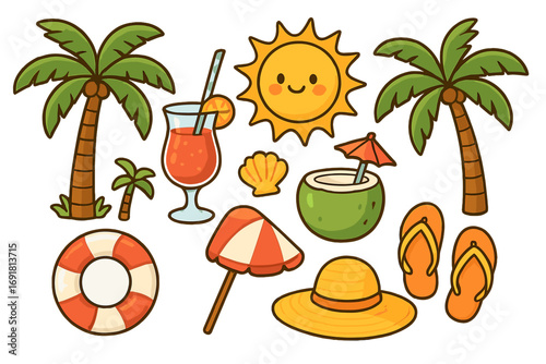 Summer beach elements set. Tropical vacation cartoon icons. Cute kawaii vector illustration with palm tree, sun, cocktail, coconut drink, shell, umbrella, hat, and flip flops.